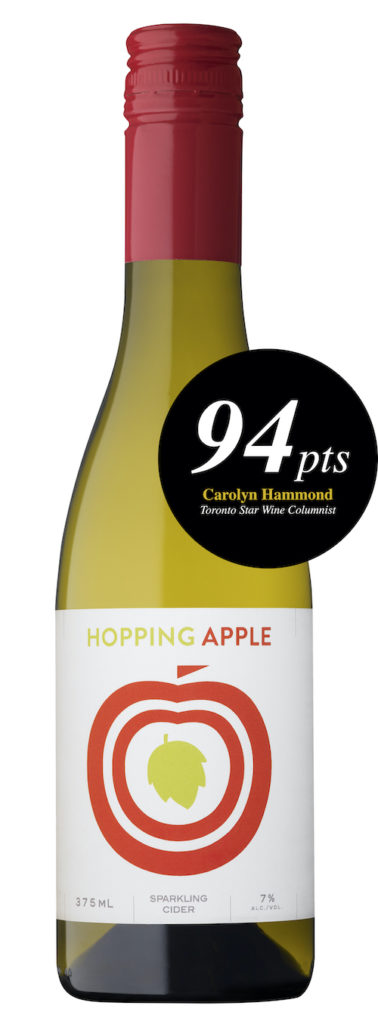 Hopping Apple Sparkling. Fresh apple with subtle pear and hops flavour. Dry, light to medium-bodied with crisp balancing acidity and a refreshingly long and satisfying finish. Rated 94 by Carolyn Hammond, Toronto Star Wine Columnist. Ontario wine. Perfectly Paired  Harvest  Fare