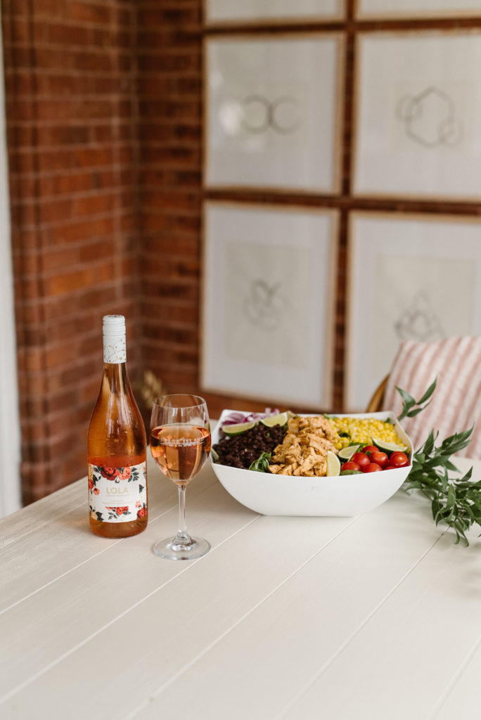 Pelee Island Winery Lola Cabernet Franc Rosé VQA Ontario rosé wine with Buddha Bowl salad made by Green Heart Kitchen at The Leslie Styles vacation rental house in Kingsville, Ontario. 