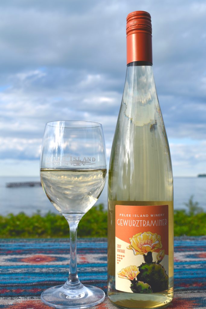 Pelee Island Winery Gewürztraminer. Light sunshine lemon colour. Our Gewürztraminer has a spicy bouquet and fruity hints of mangoes and peaches. It makes an ideal aperitif.