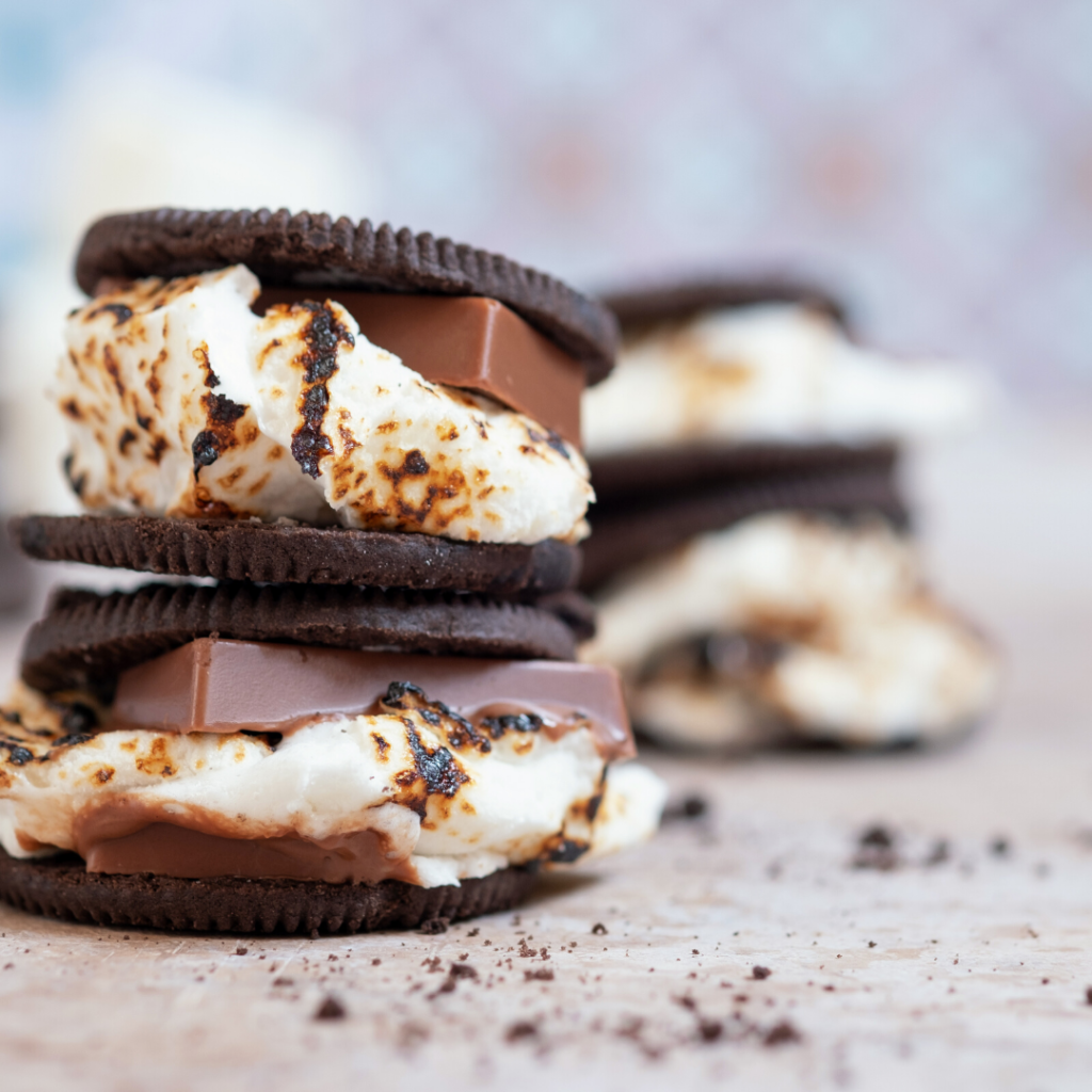Oreo cookie s'more with chocolate and marshmallow.