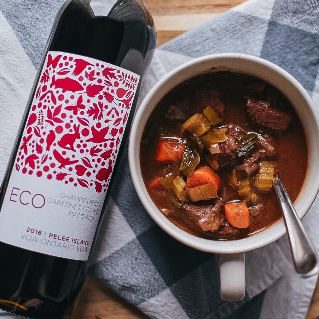 Pelee Island Winery ECO Red VQA Ontario Chambourcin - Cabernet Franc - Baco Noir paired with a cup of beef vegetable stew from West Side Beef.