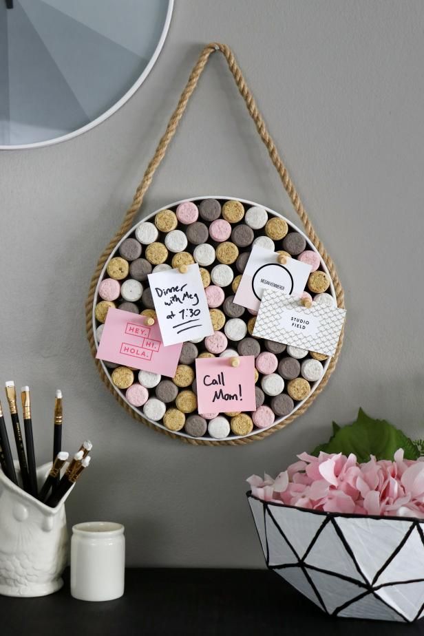 Polka dot wine cork board made with reclaimed wine corks.
