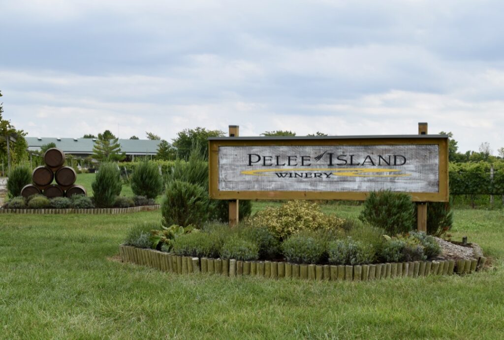 Pelee Island Winery sign by reclaim artist Michael DiFazio at the Pelee Island Winery Pavilion on Pelee Island.