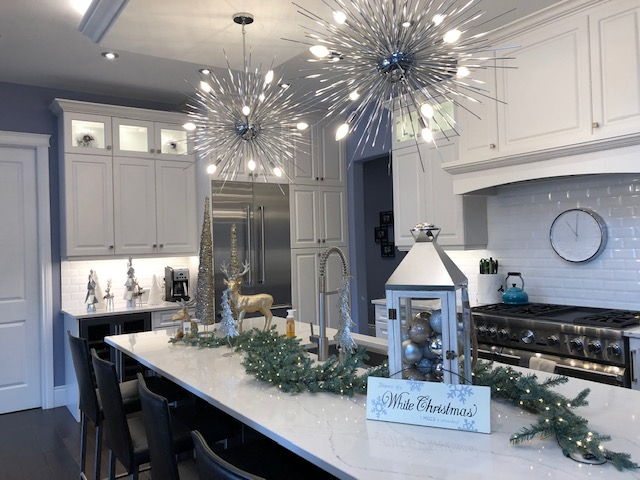 White and silver kitchen decorating for holiday house tour