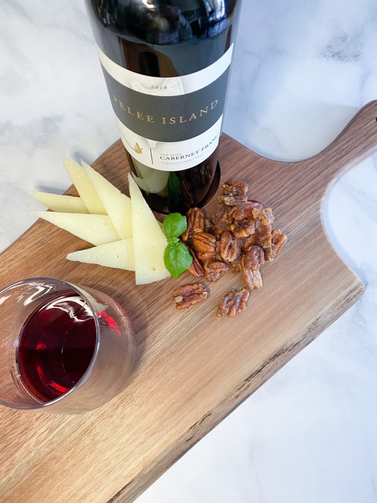 Pelee Island Winery Cabernet Franc VQA Ontario red wine with manchego cheese and pecans. 