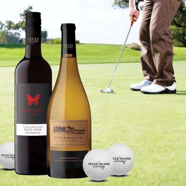 A dad Playing a golf with the Two Pelee Island Winery Wine Bourbon Baco Noir and Vinedresser Chardonnay with three Golf balls