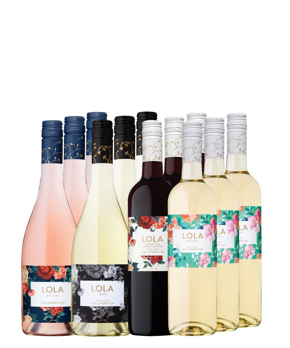 Best Selling Wines of Pelee Island Winery the LOLA Harvest Collections with the bottles of LOLA Sparkling Rose, LOLA Secco, LOL Cabernet Franc, LOLA Pinot Grigio