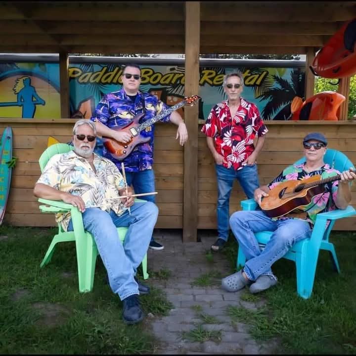 The Four Members of Accousticats They wearing Hawaiian Polo. Two gentleman hands Guitar