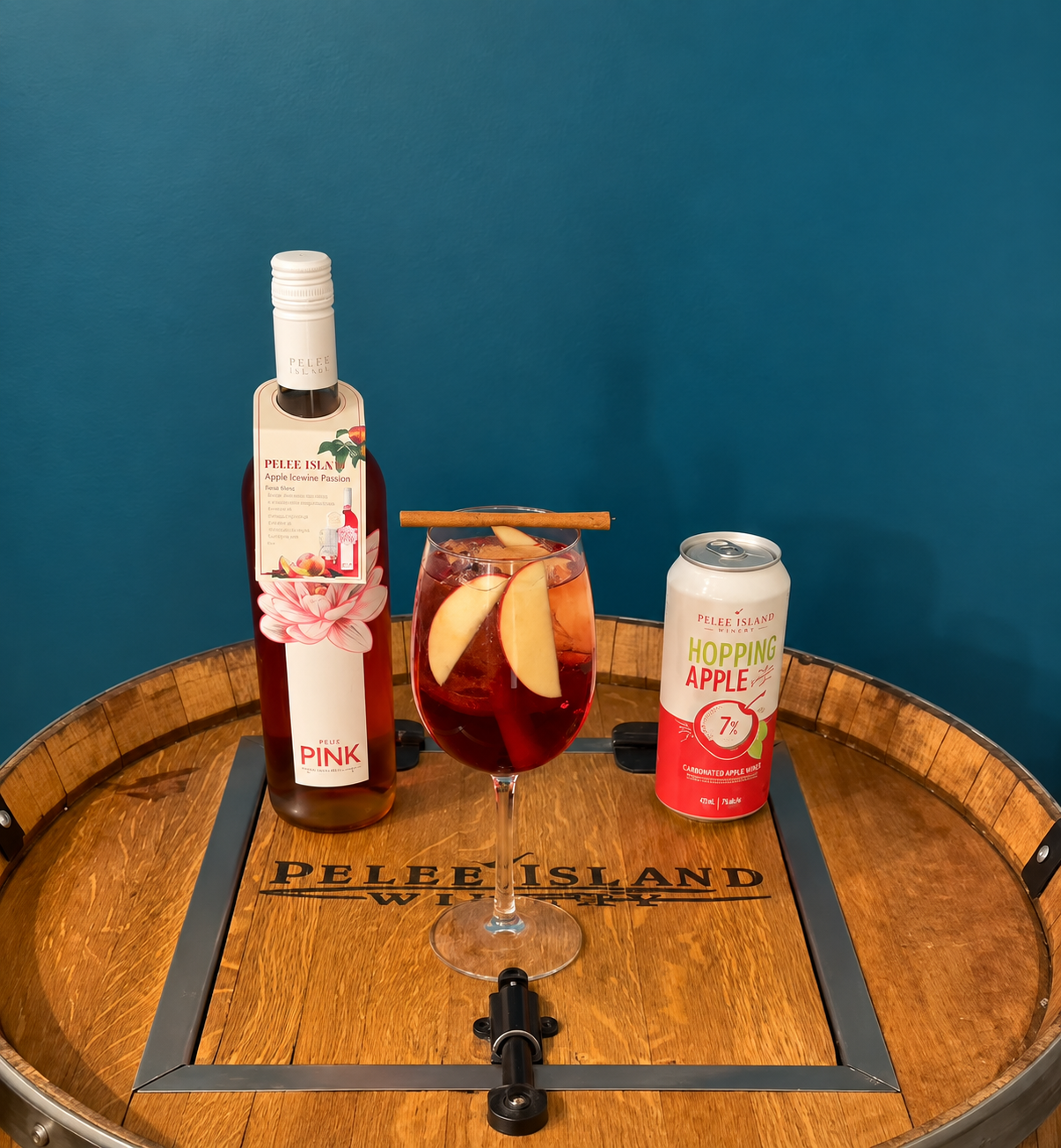 Pelee pink Sangria with Pelee Pink Bottle and Hopping Apple